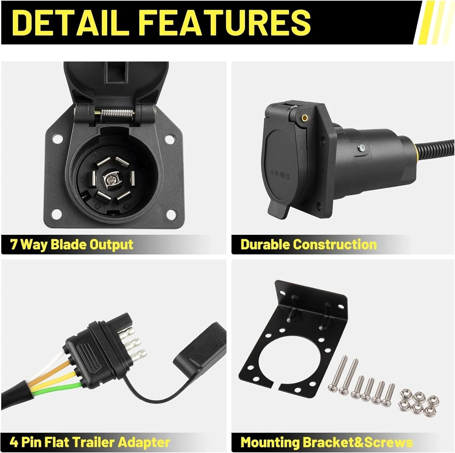 4-Pin to 7-Way Round Blade Trailer Adapter W/Mounting Bracket 4 Way Flat to 7-Way Blade Reverse Wiring Harness Connector for RV