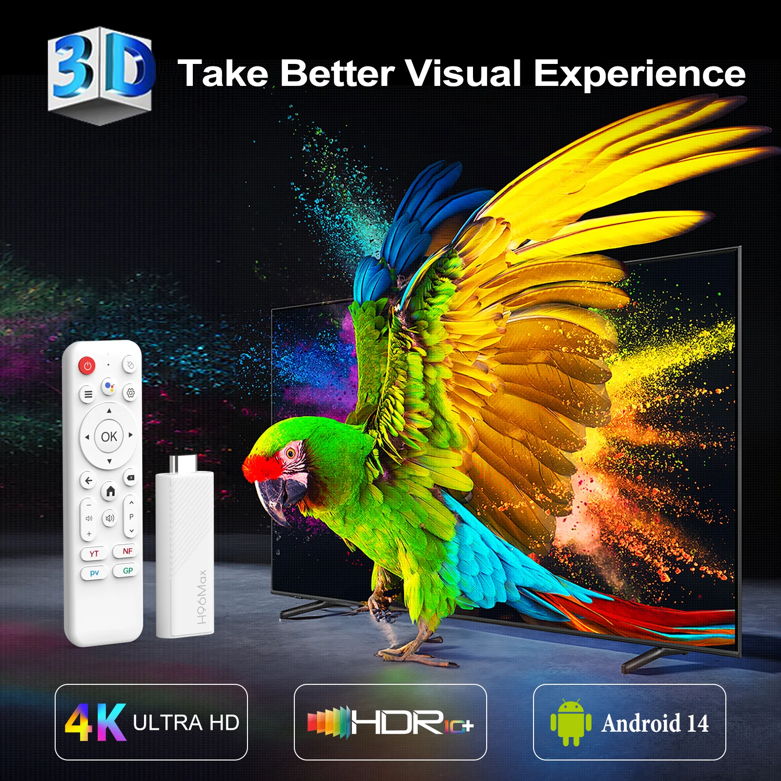 HondoKet Q6 Mini Clé TV Android 10 - 2Go 16Go 4K Bluetooth WiFi Télécommande Vocale