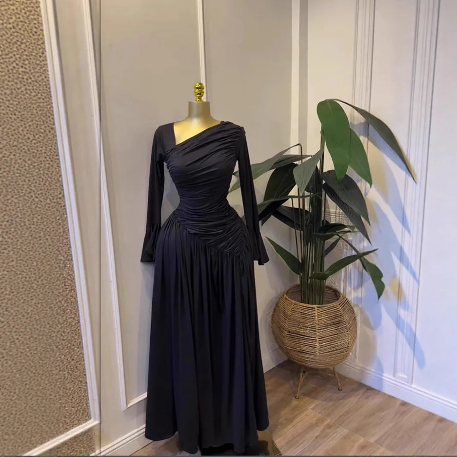 

Женское длинное платье 2026 с длинным рукавом, асимметричным вырезом, элегантное, с высокой эластичностью, подчеркивающее талию, длинное платье-роба, Vestido Women