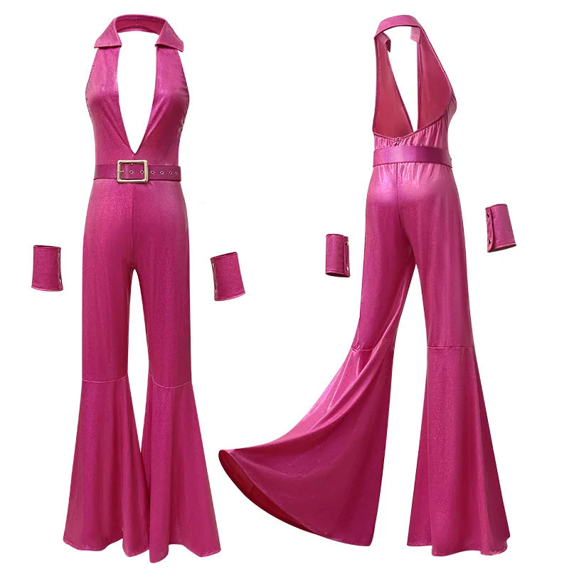 

Disco Jumpsuit Hippie Costumes Pie Retro Disco Bidtsyut Pink Hip Hop Flare Bottoms Glitter Jumpsuit Belt and Wrist Strap