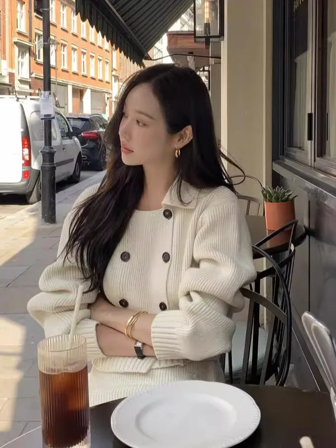 

Women's ort Knitted Open Cardigan Double Row Buttons Flip Collar Autumn Winter New Sle Lady Maturi Sweater Coat Commute