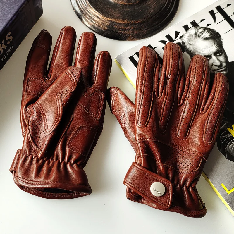 Arm Warmer Winter Men Locomotive Lambskin Gloves Male  Retro Brown Protective Gear Professional Riding  Driving Leather Mittens