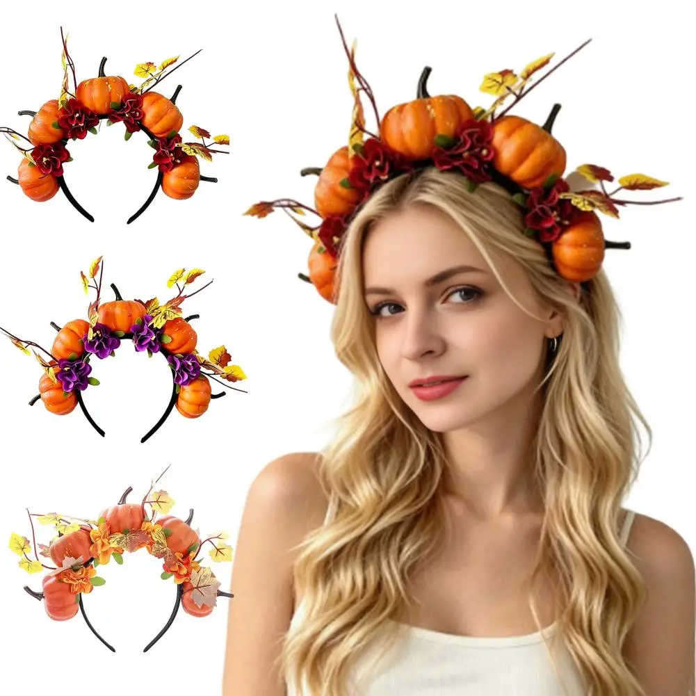 Comfortable Long-wear Headband with 3D Pumpkin Flowers, Universal Halloween Thanksgiving Day Party Hair Accessory