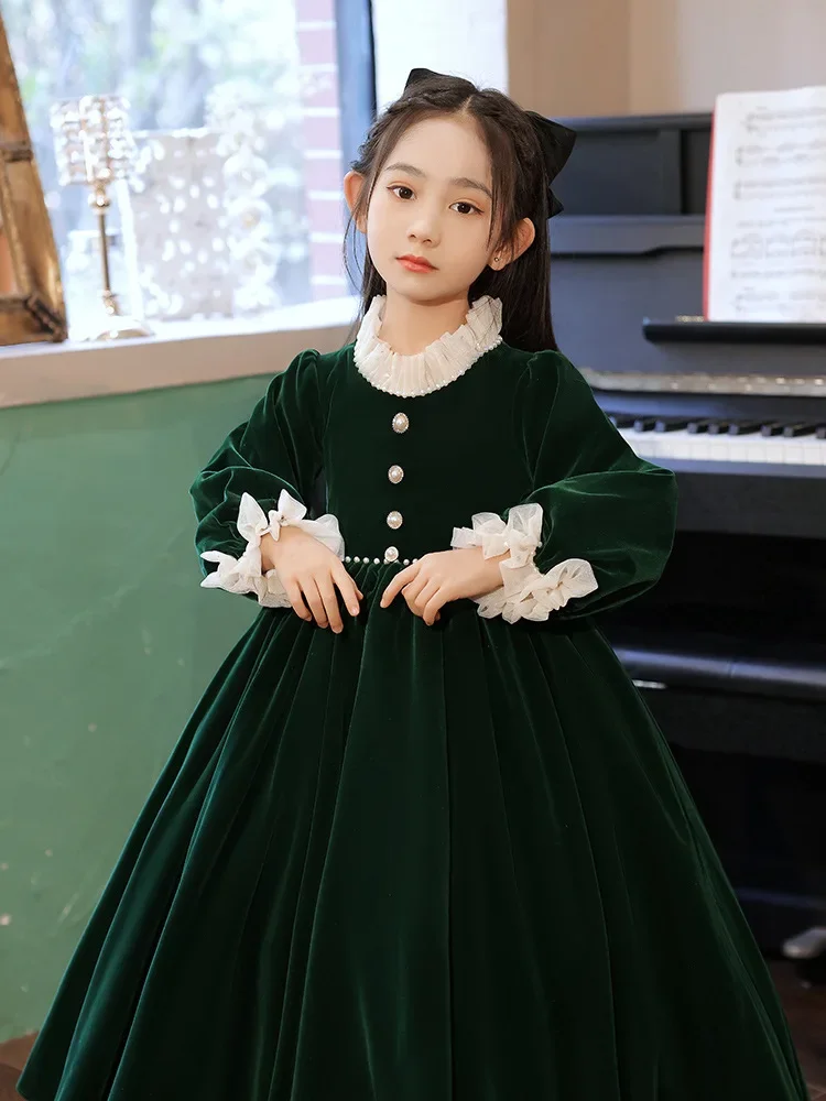 

elegant Long Dark Green Child Princess Ball Gown Velvet Flower Girls Wedding Dresses for Baby Teens Prom Formal Party Clothes