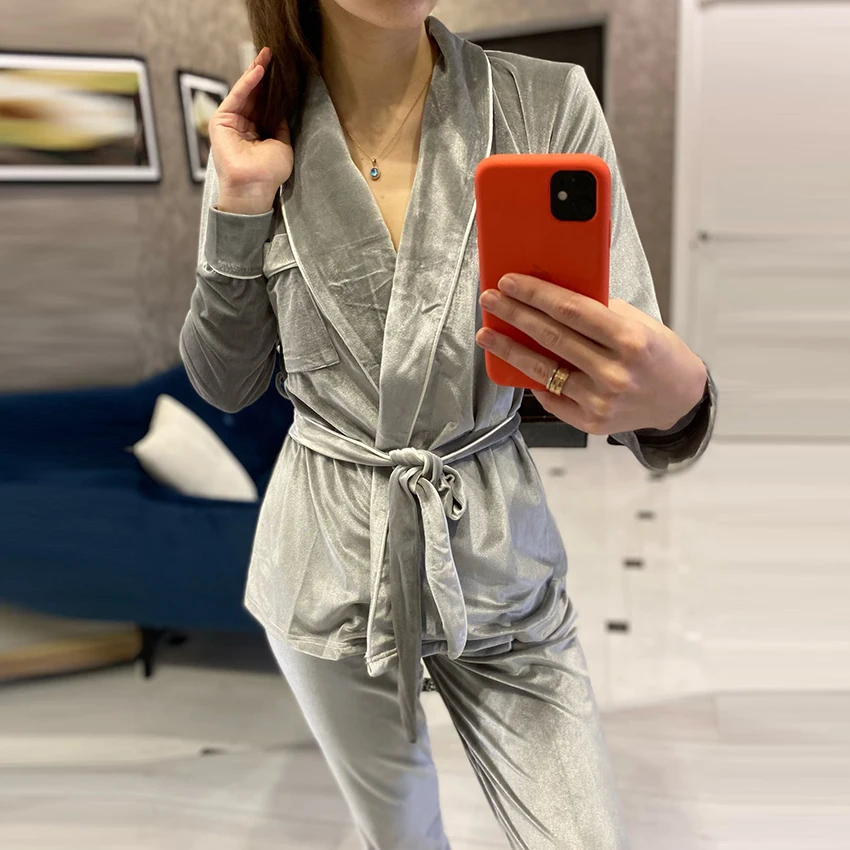 Autumn New Female Solid Velour Pajamas Warm Long Sleeve Home Suit For Women Two Piece Velvet Set Thick Sleepwear Night Sets