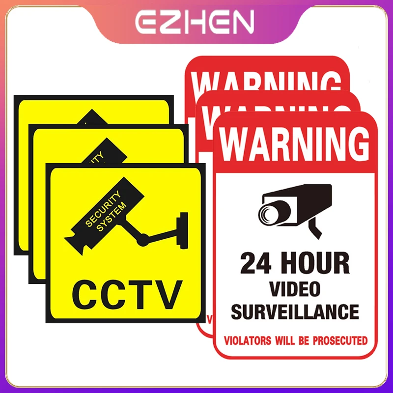 Pegatinas de advertencia de 5/10 piezas, cinta adhesiva de alarma de cámara de seguridad de videovigilancia las 24 horas, videovigilancia CCTV,