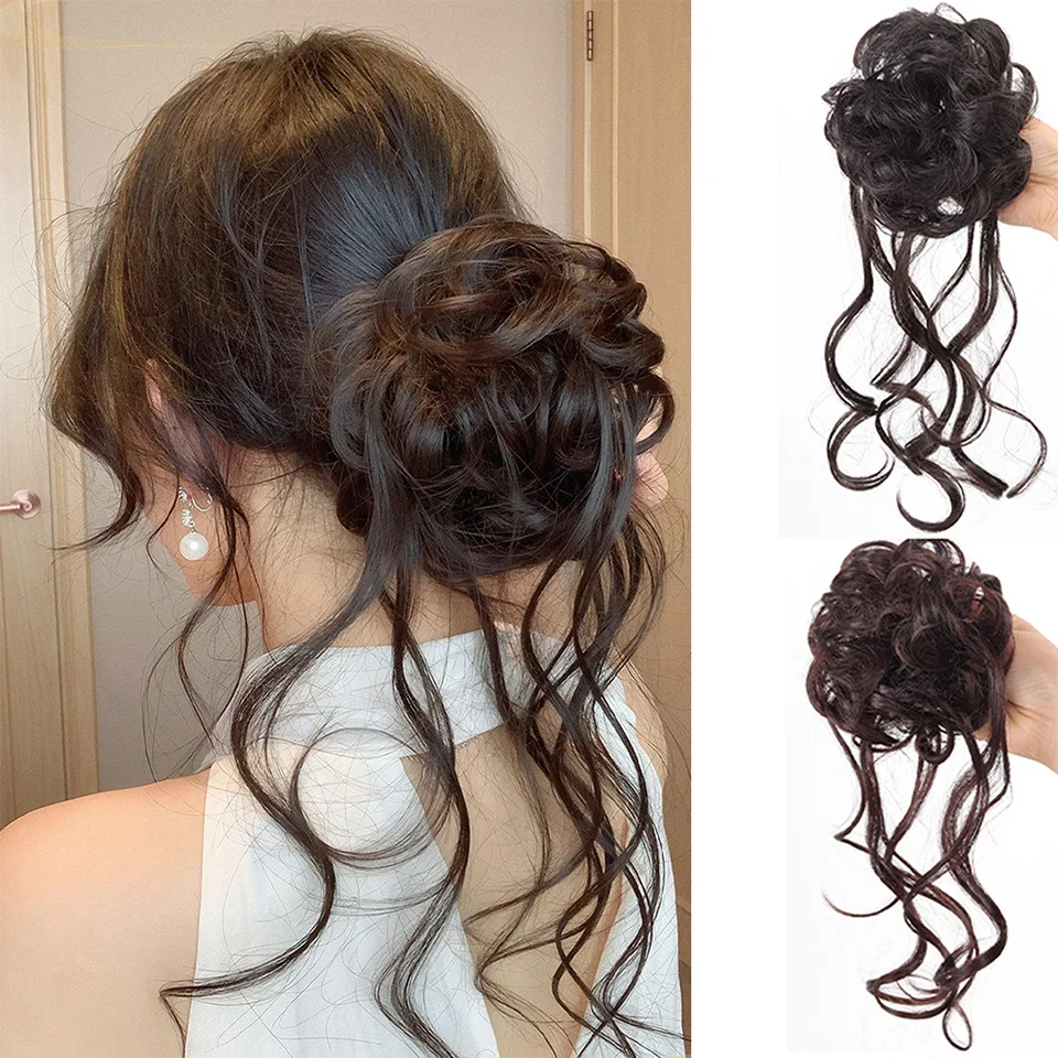 Synthetic Tousled Curly Messy Bun Hair With Drooping Wavy Strands Elastic Updo Extensions Volume Hair Bun For Women Daily Wear