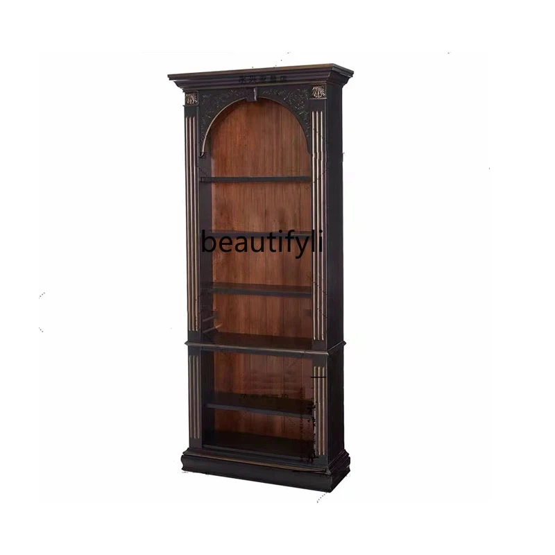 

American-Style Solid Wood Bookcase Ash Vintage Engraving Living Room Locker Side Cabinet Designer Model