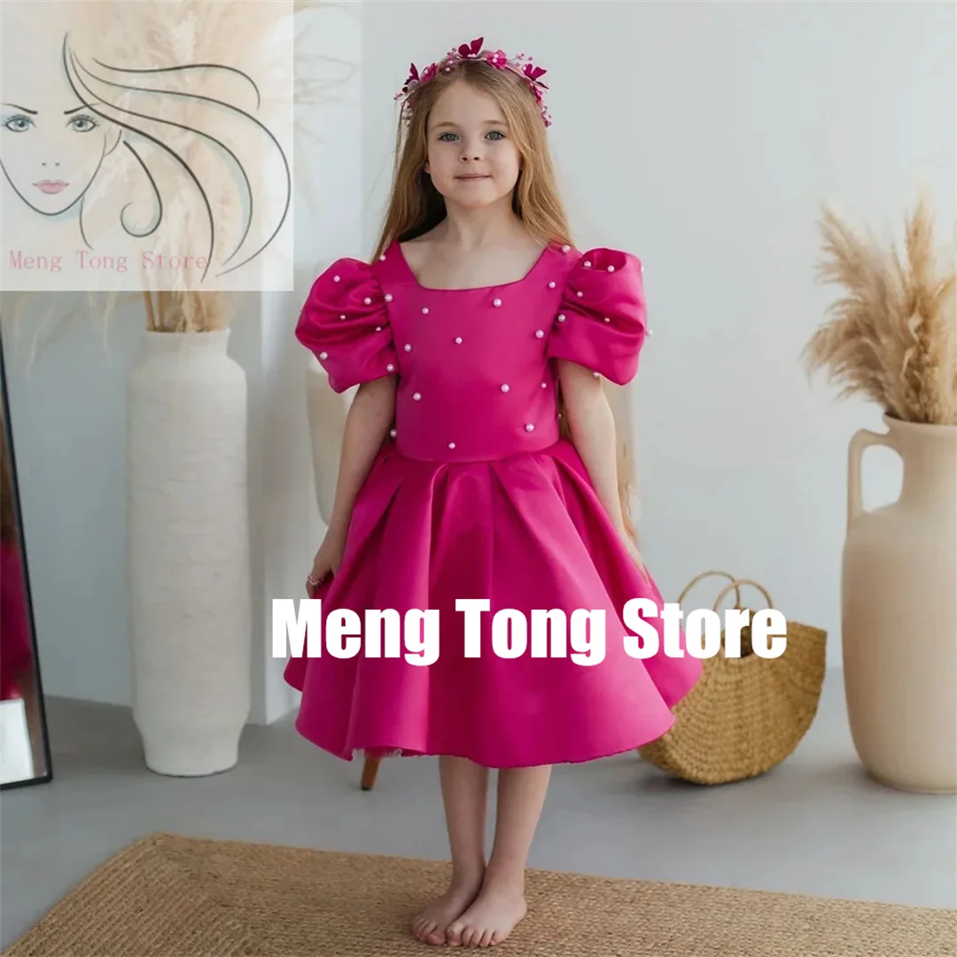 Customization  Flower Girl Dress For Wedding Knee Length With Pearls Puffy Short Sleeves Kids Birthday Party Pageant Ball Gown