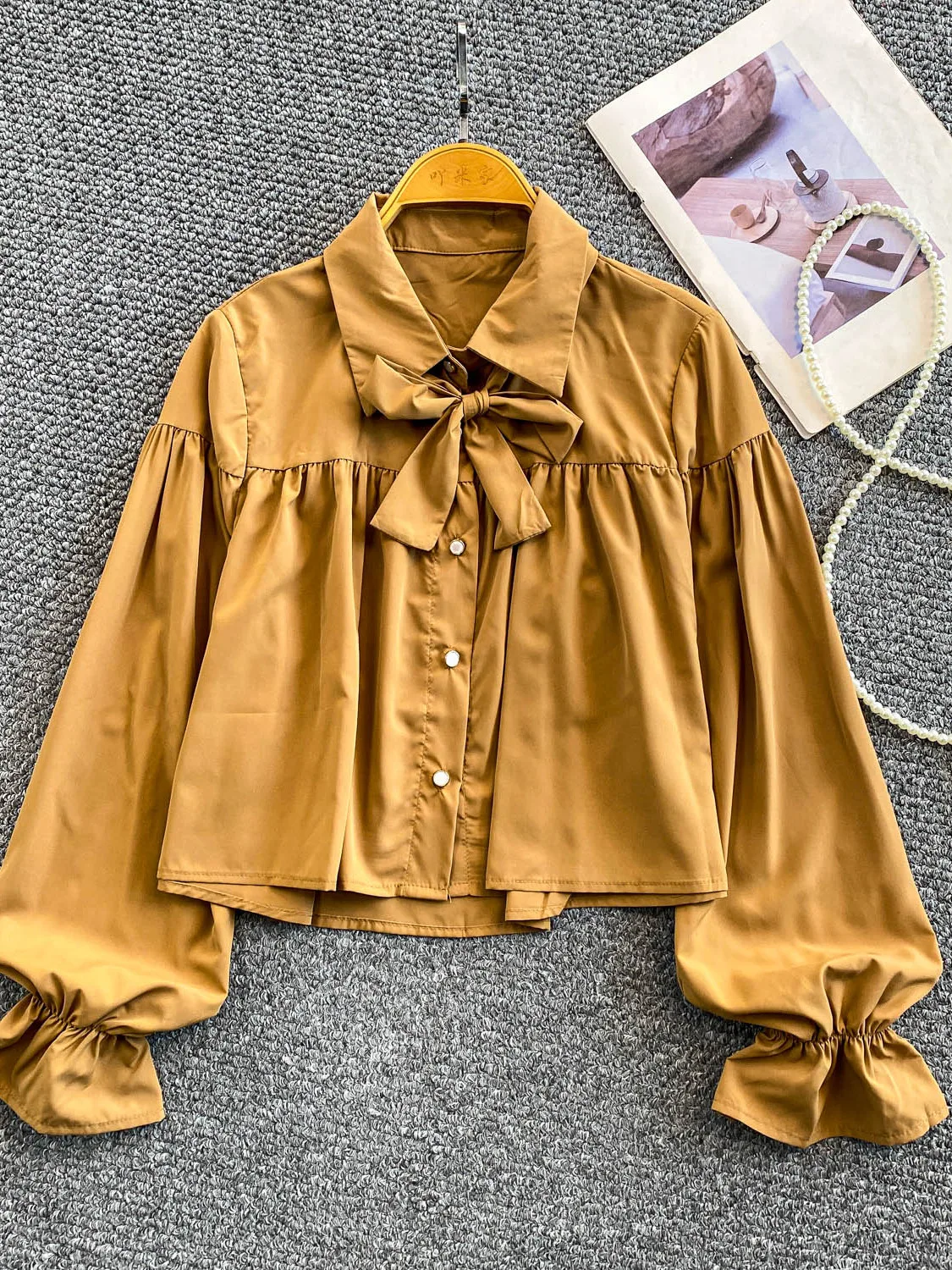 Ele Knot Turn-down Kraag Uitlopende Sve irt Losse Zonwering Top voor Dames Faionable Koreaanse Sle Herfst...