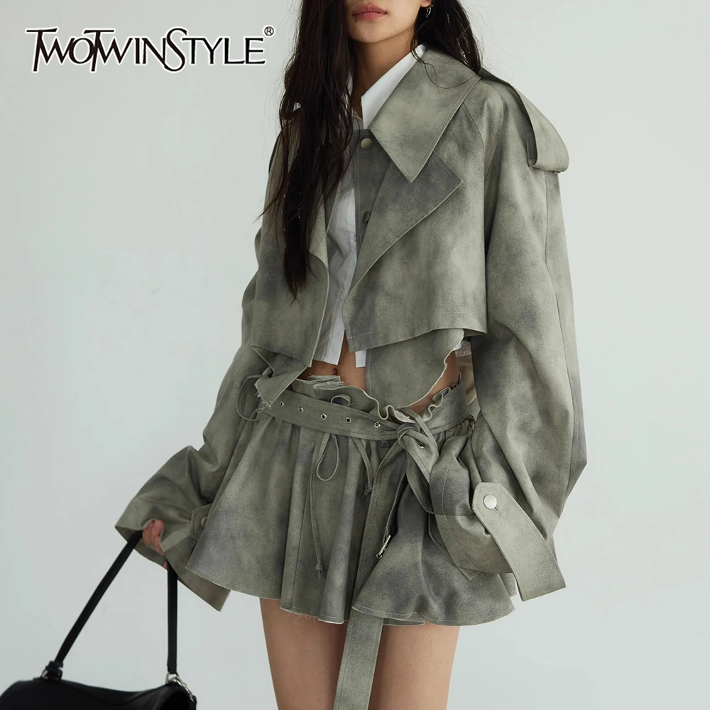 

TWOTWINSTYLE Gray Spliced Sashes Two Piece Set Female Lapel Long Sleeve Jacket Sreetwear Vintage Women's Skirt Set Fashion New