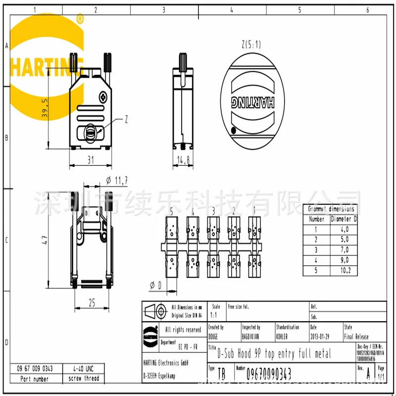 09670090343 Harting D-sub Series 9-Way Straight Metal Connector Backshell