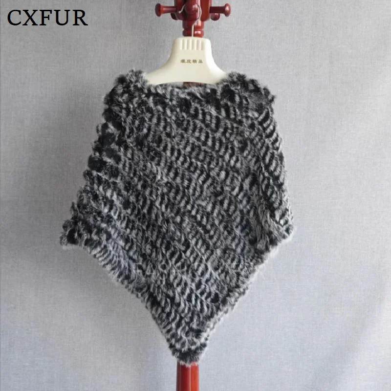 Cheap Sale Women Winter Knitted Real Rabbit Fur Poncho Shawl CX-B-13B