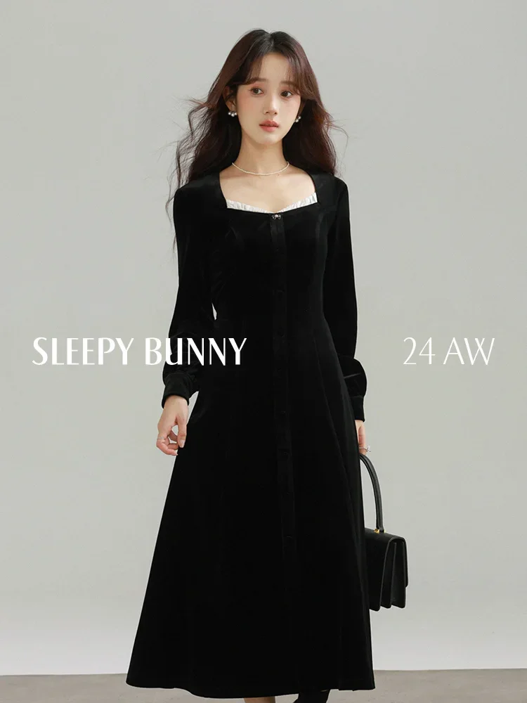

Elegant Black Velvet Long Dress Women Fall Slim Fit A-Line Hepburn Style Maxi Dress Petite friendly Casual High Waist Dress