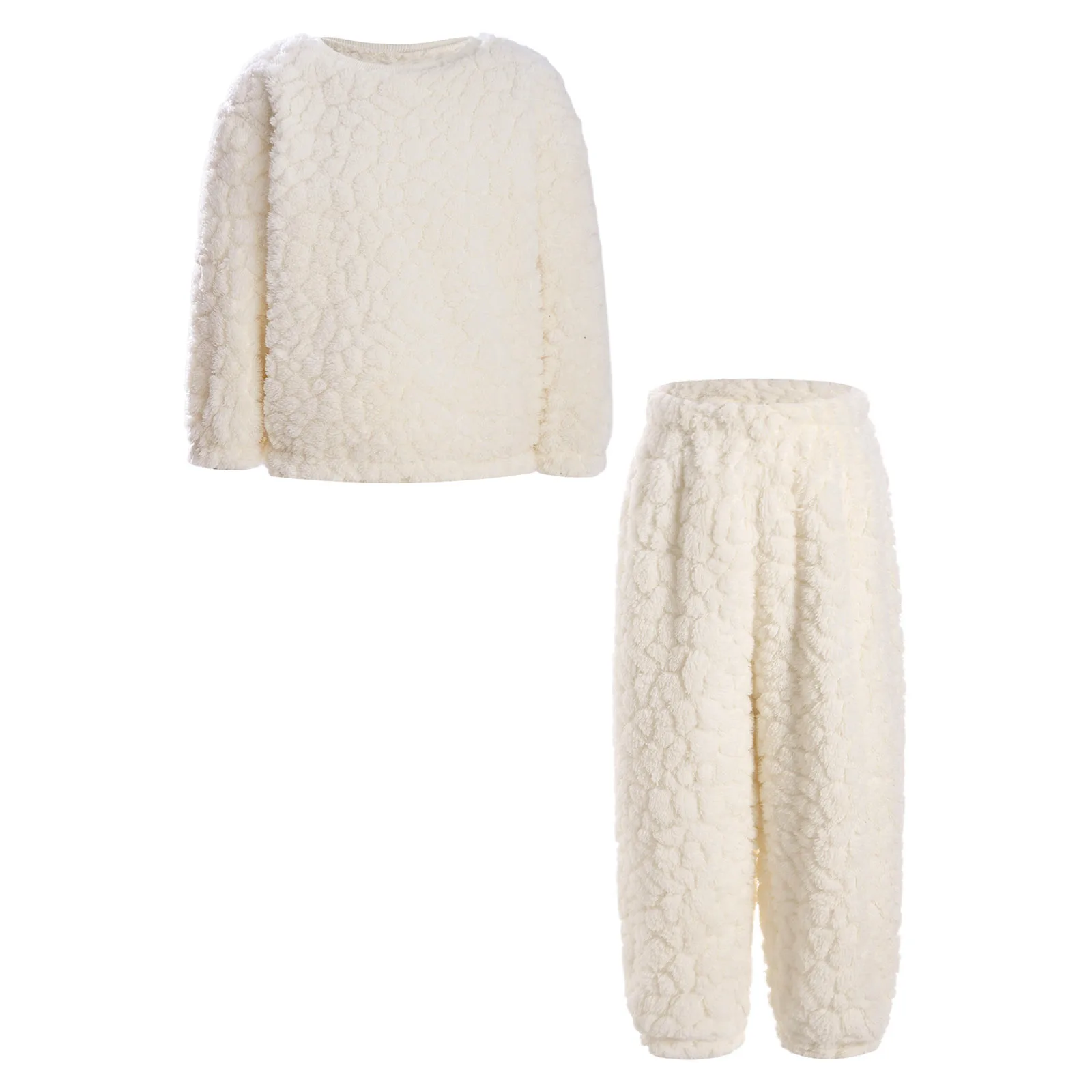 

Unisex Kids Girls Boys Fuzzy Flannel Sleepwear Pajama Set Nightwear Homewear Loungewear Long Sleeve Pullover Top with Pants