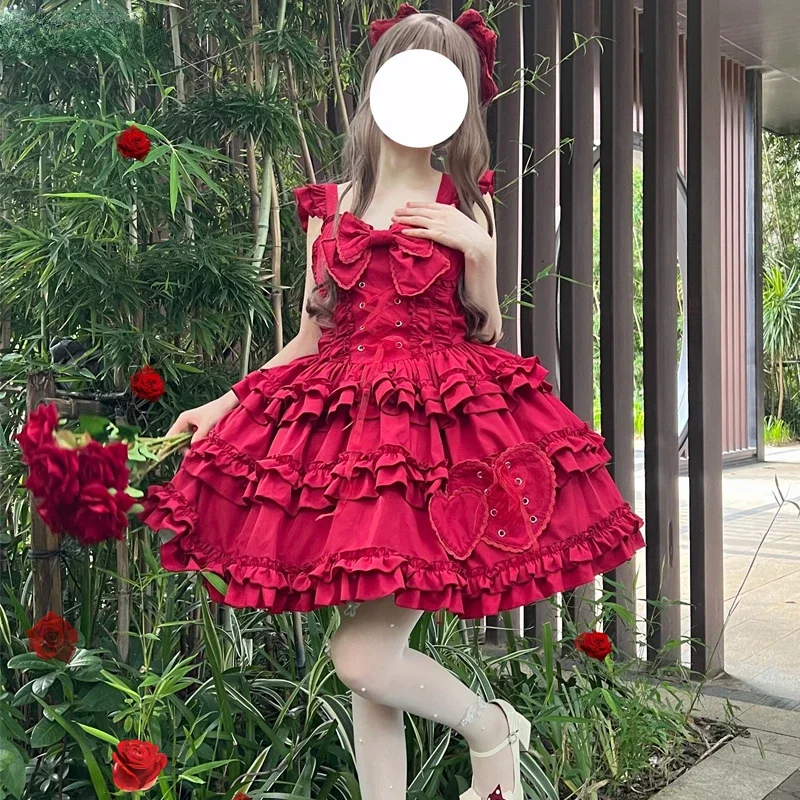 

Japanese Gothic Lolita Princess Jsk Dress Women Vintage Kawaii Bow Ruffles Heart Slip Dress Girls Sweet Y2k Punk Party Dresses