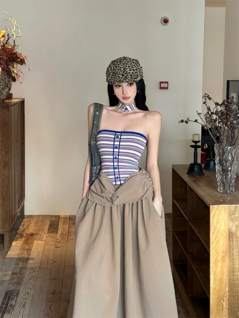 

Gothiscyn Striped Halter Neck Patchwork Dress for Women's Summer Contrasting Colors Fake Two-piece Strapless Long Dress