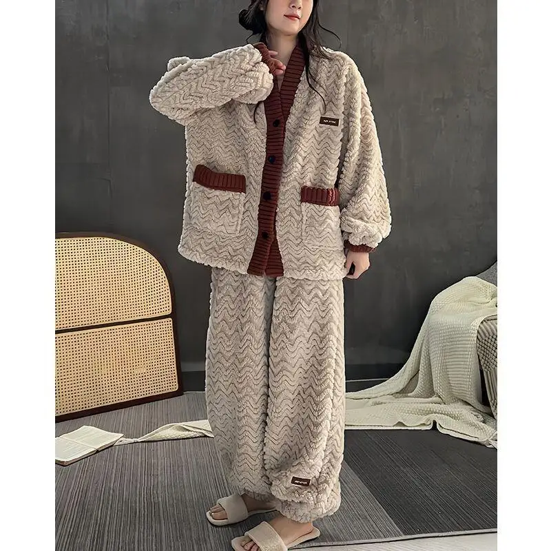 

Winter New Style Women's Pajama Set Warm Sleepwear Coral Fleece Thickened Home Clothes Comfortable Autumn Casual Cute Loungewear