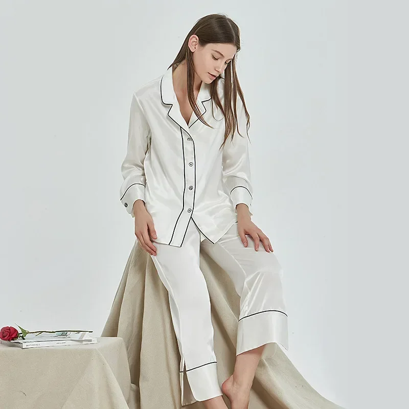 19 Momme 100% Mulberry Silk Sleepwear PJ Set Long Sleeve Top & Pants Skin-Friendly Solid Color Pajamas Women Soft Lapel Homewear