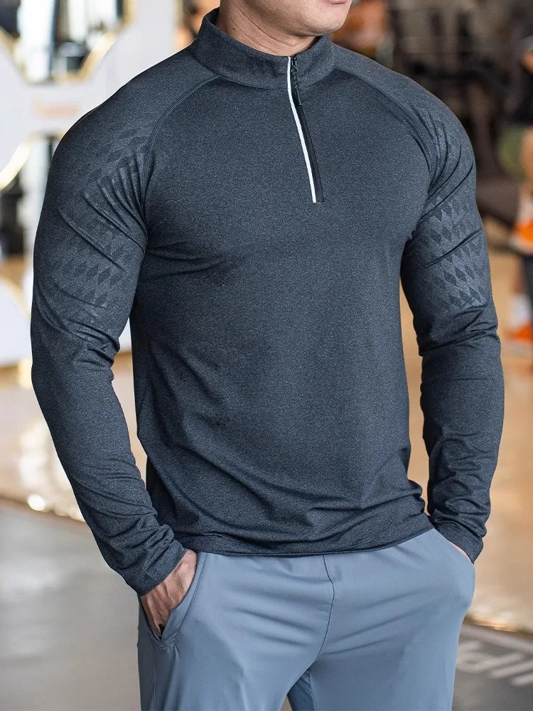 New Autumn winter Running Gym Men Shirt long Sleeve Tees elastic fit Sports training Fitness Quick dry Zip collar Polo T Shirt