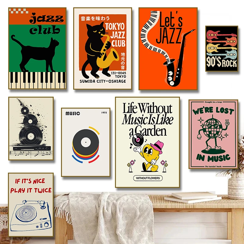 1pc frameless Canvas Painting Jazz Club Black Cat Piano Vinyl Poster Retro Canvas Painting Print  Nordic Wall Picture for Living