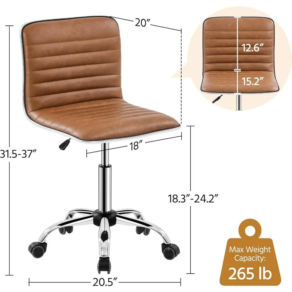 Low Back PU Leather Ribbed Armless Office Chair, Ergonomic Swivel Computer Task Chair with Wheels for Office, Home