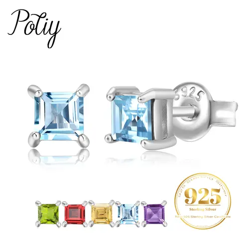 Potiy Natural Garnet Amethyst Citrine Peridot Sky Blue Topaz Stud Earrings 925 Sterling Silver for Women Birthstones  gift cute