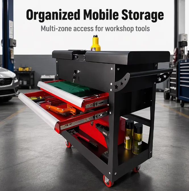 a forMobile Rolling Tool Cart With Flip Top Lid  2 Drawers, Lockable Metal Tool Trolley Heavy Duty Workshop Tool Storage Cabinet