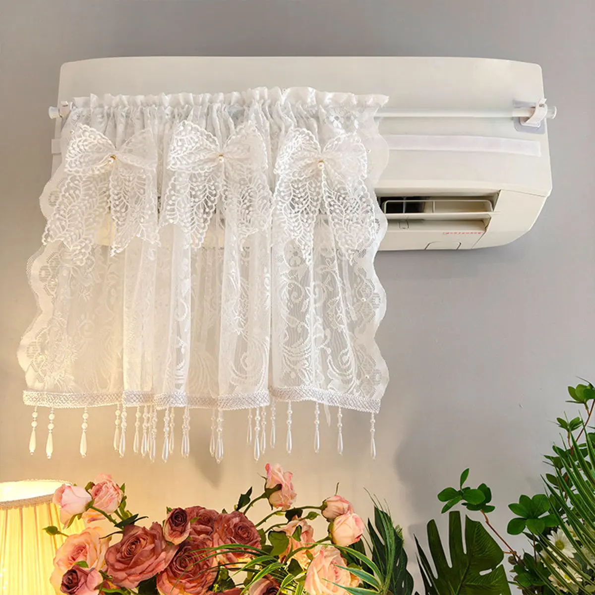 White Lace Bow Pearl Tassel Air Conditioner Curtain 1PC, Rod Pocket Sheer Valance Cover for Wall‑Mounted AC Home Decor