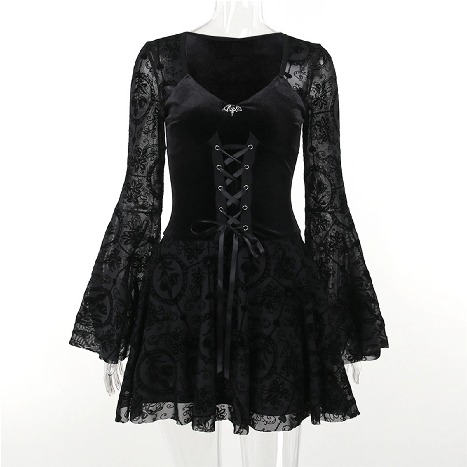 

Retro Gothic Dark Witch Lace Dress Medieval Velvet Bell Sleeve Dress Halloween Renaissance Dress Elegant Slim Fit Long Dress