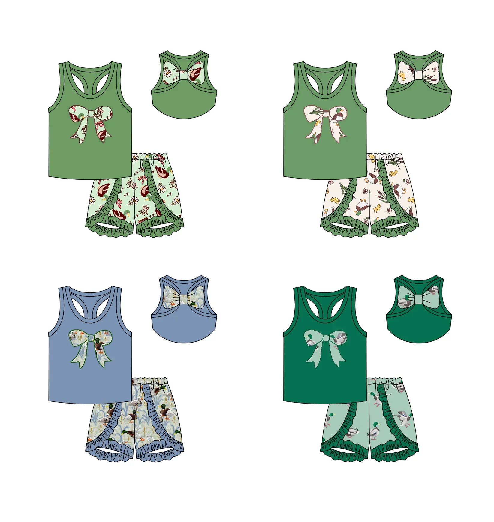 Boutique girls set Vest top paired with ruffled shorts bow decoration duck print green series wholesale