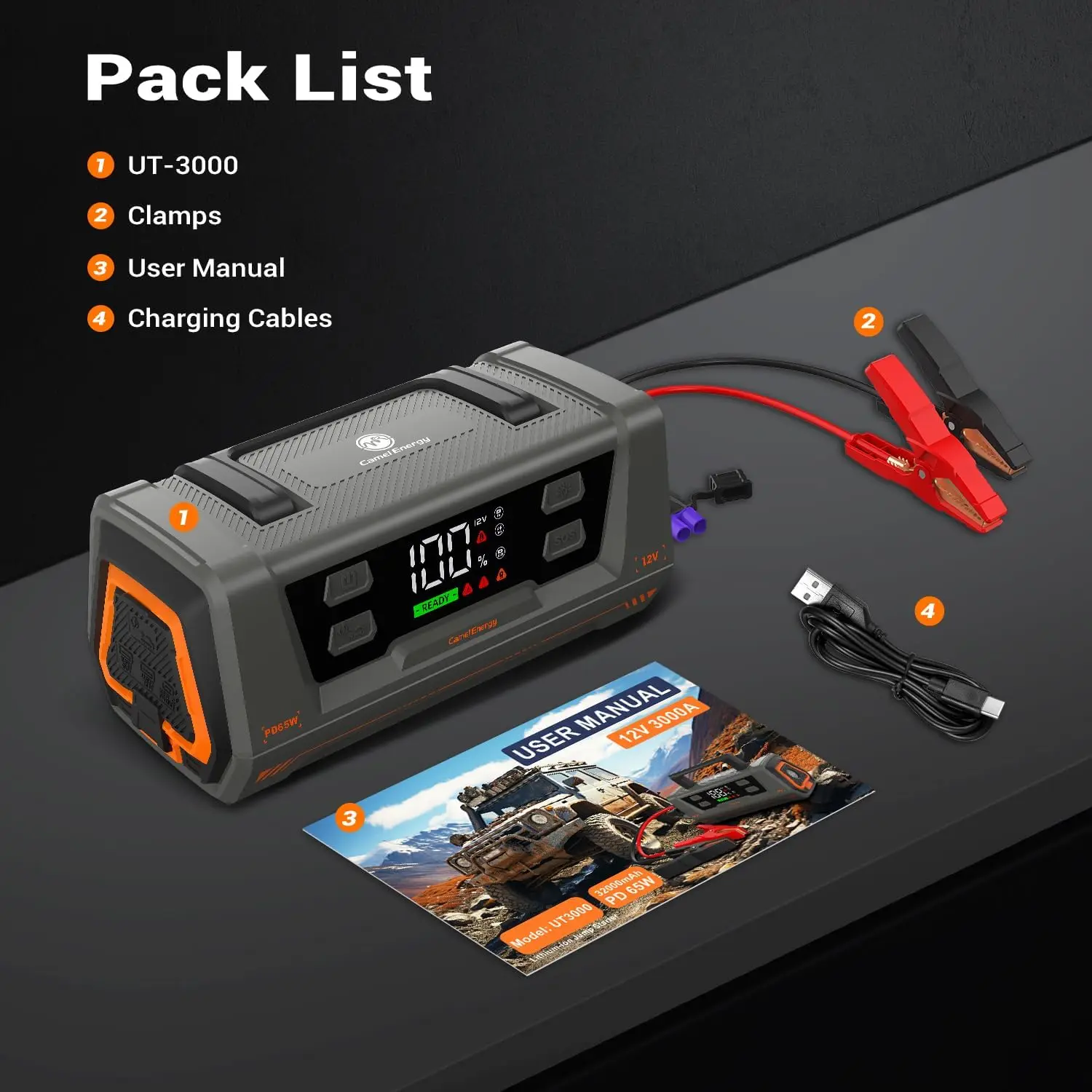 3000A Jump Starter 32000mAh، حزمة بطارية ليثيوم محمولة 12 فولت مع شاشة LED، شحن سريع 65 وات للسيارات #6