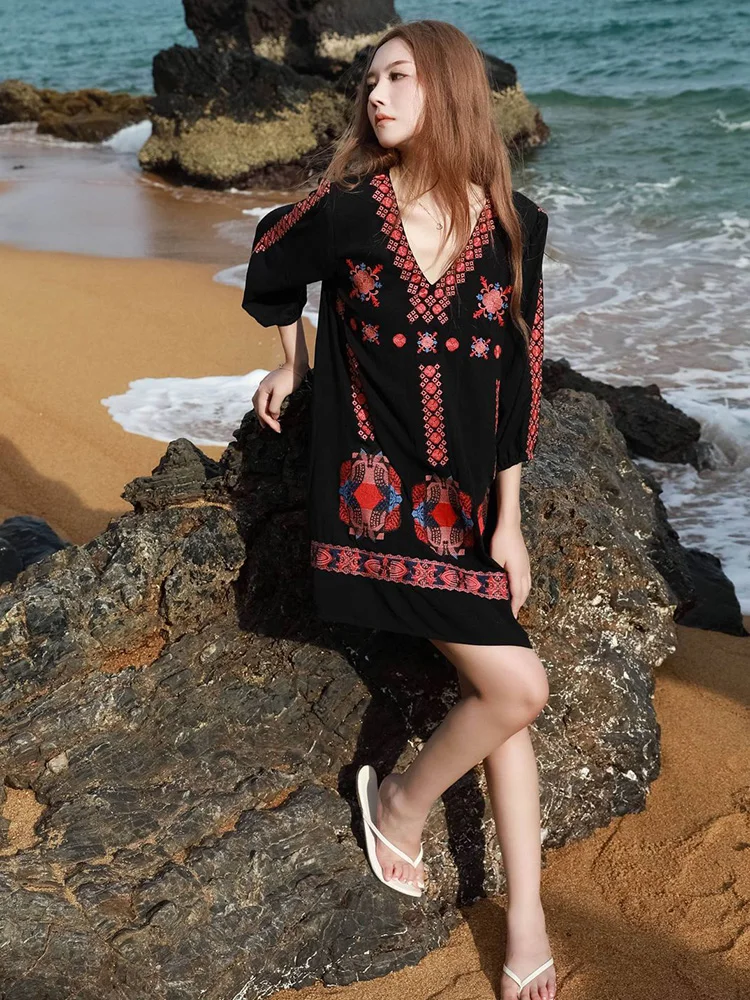 KHALEE YOSE Boho Floral Embroidery Summer Dress Loose Black Cotton Long Sleeve V-neck Women Vocation Ladies Dresses Vestidos New