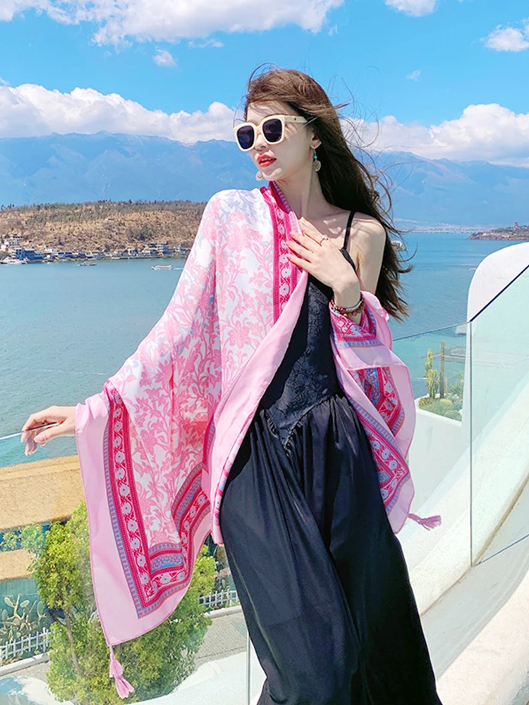 Summer Elegant Women Silk Scarf Beach Wrap Shawls Sweet Pink Floral Print Lady Sunscreen Bandana Hijab Mujer Boho Scarve Pareo