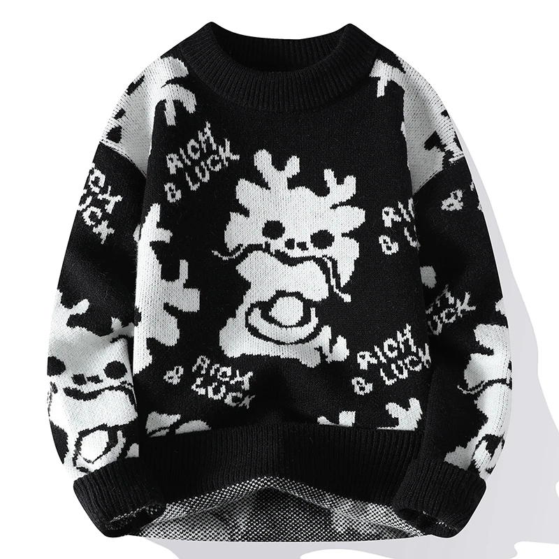 Men's 2023 Autumn and Winter Pullover Round Neck New Patchwork Printed Fashion Casual Loose Sweater Knitted Long Sleeved Tops