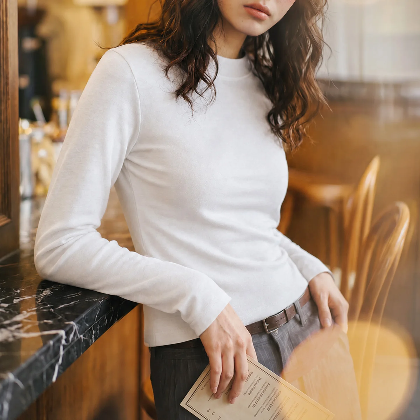 Maden Women's Long Sleeve T-Shirt Slim Fit Thermal Top Crew Neck Brushed Fabric Base Layer Anti Static Casual Wear Fall