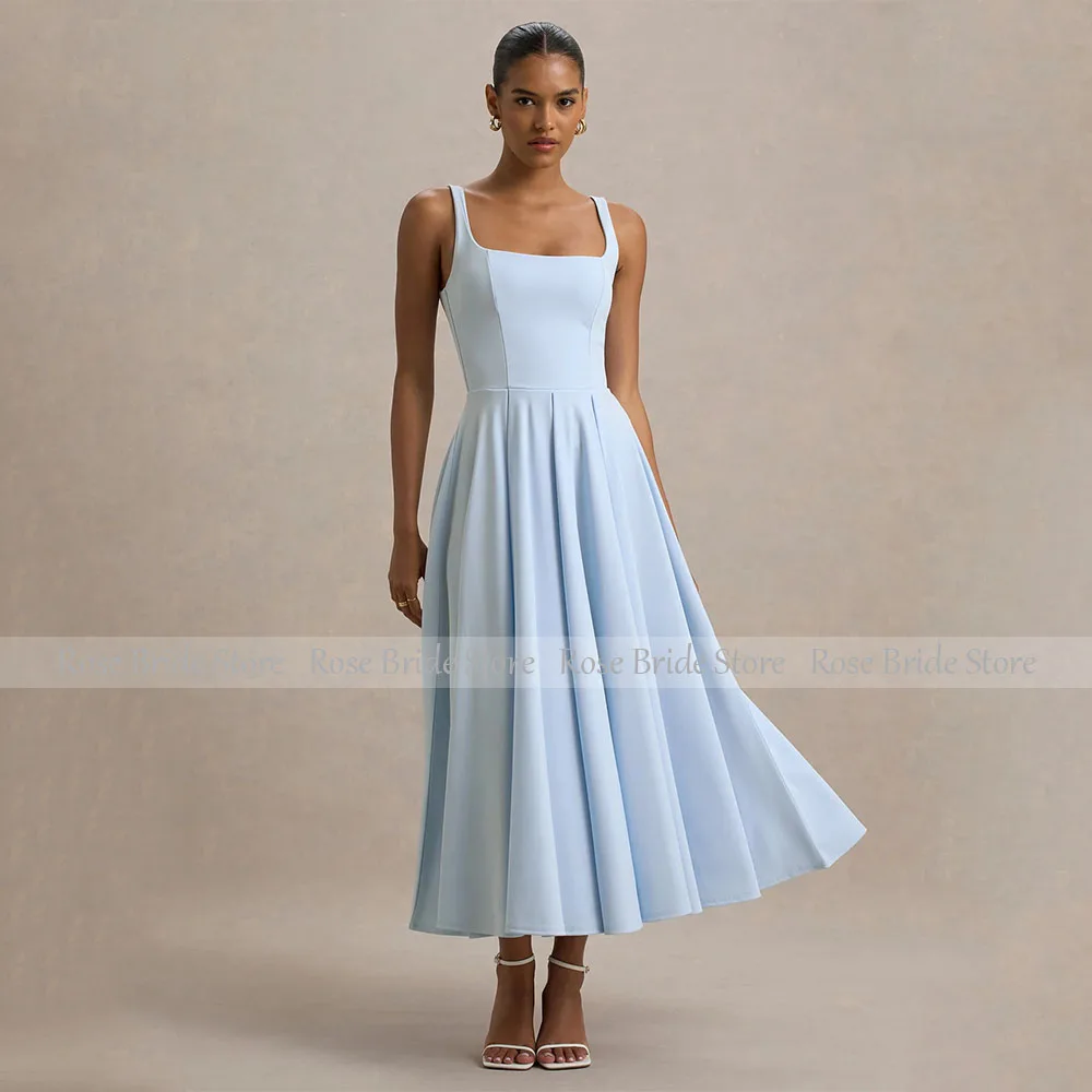 カスタマイズ可能なシンプルなパーティードレス、ライトスカイブルーのタンクトップ、Aライン、ティーレングス、女性用タンクスリーブレスミディカクテルドレス