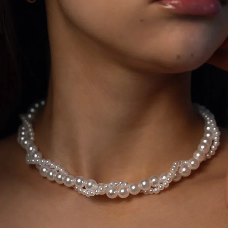 Vintage Irregular Imitation Pearl Enwind Necklace Female Minimalism Collarbone Chain White Beaded Necklaces Wedding Jewerly Gift