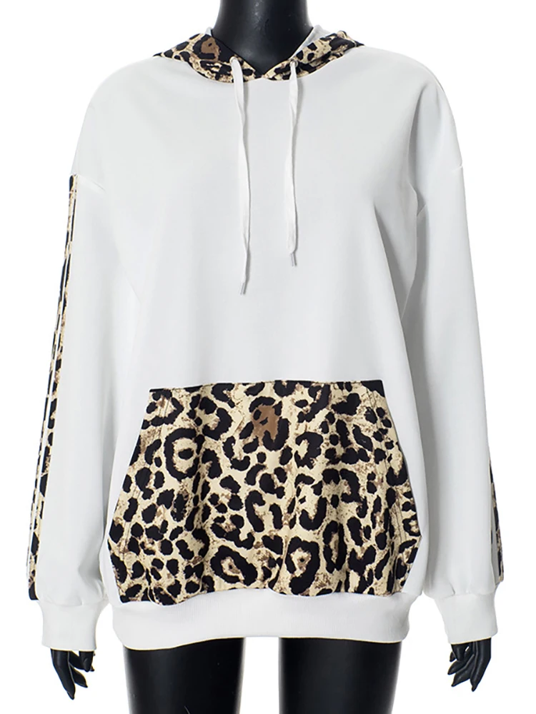 Fantoye Patchwork Leopard Hooded Women Sweatshirt White Long Sleeve Drawstring Sweatshirt Female Autumn Loose Casual Clothing
