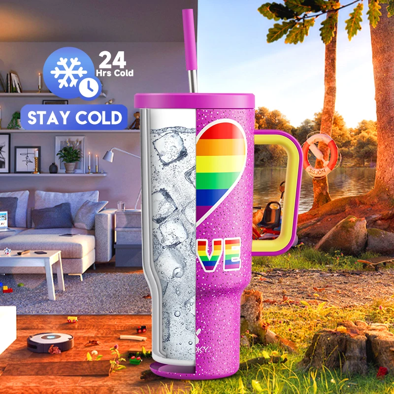 Meoky 40oz H2.0 Tumbler with Handle with Straw Stainless Steel Coffee Cup Insulated Car Mugs Durable Pride Month Fashion Gift