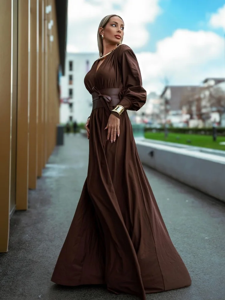 chinese dress ladies Reid Brown Long-Sleeve Gathered Maxi Dress – Club L London main image 1