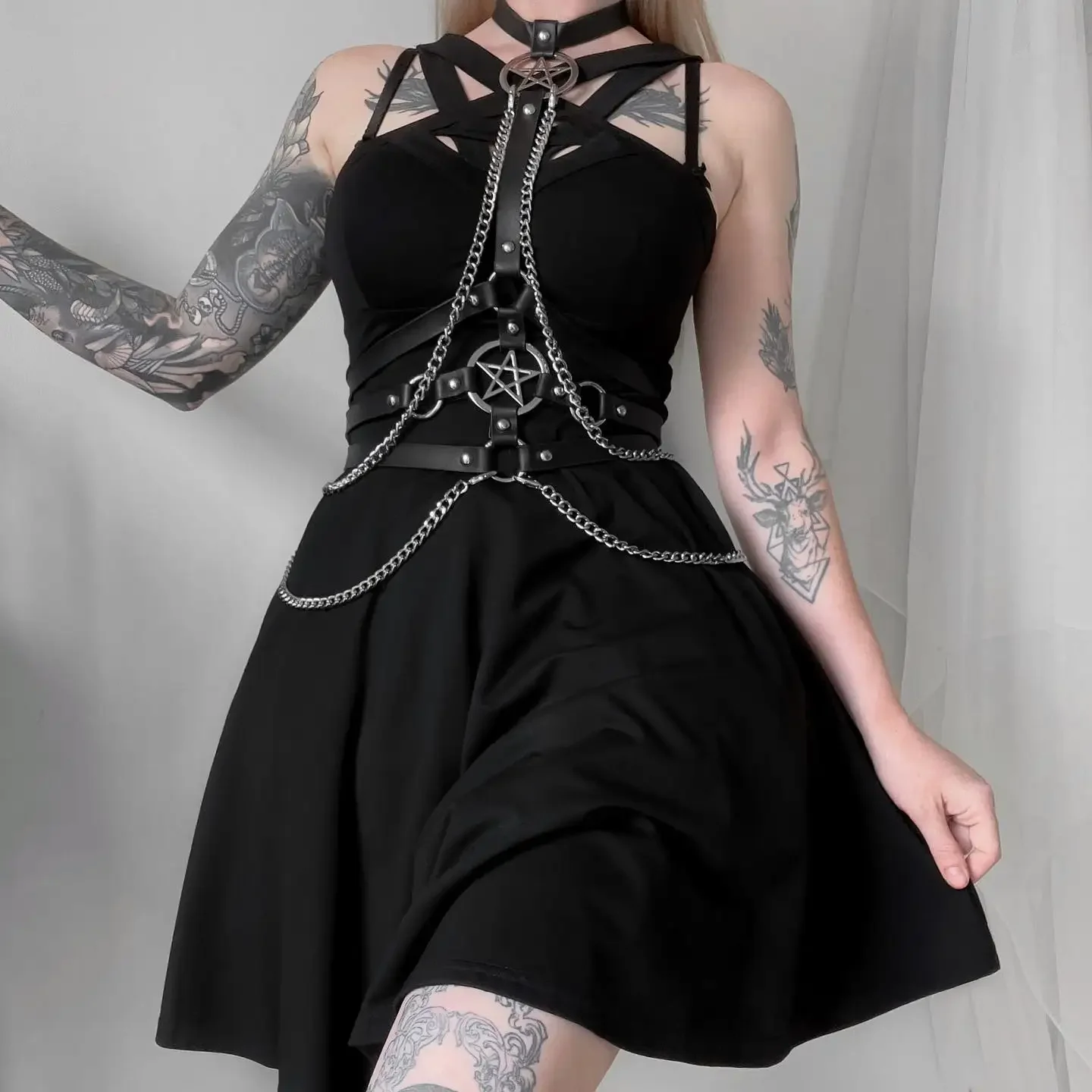 Arnés Sexy para mujer, cinturón, arnés de cadena, corsé, lencería de cuero, lencería Bondage, ropa fetiche gótica Punk, traje de fiesta Rave