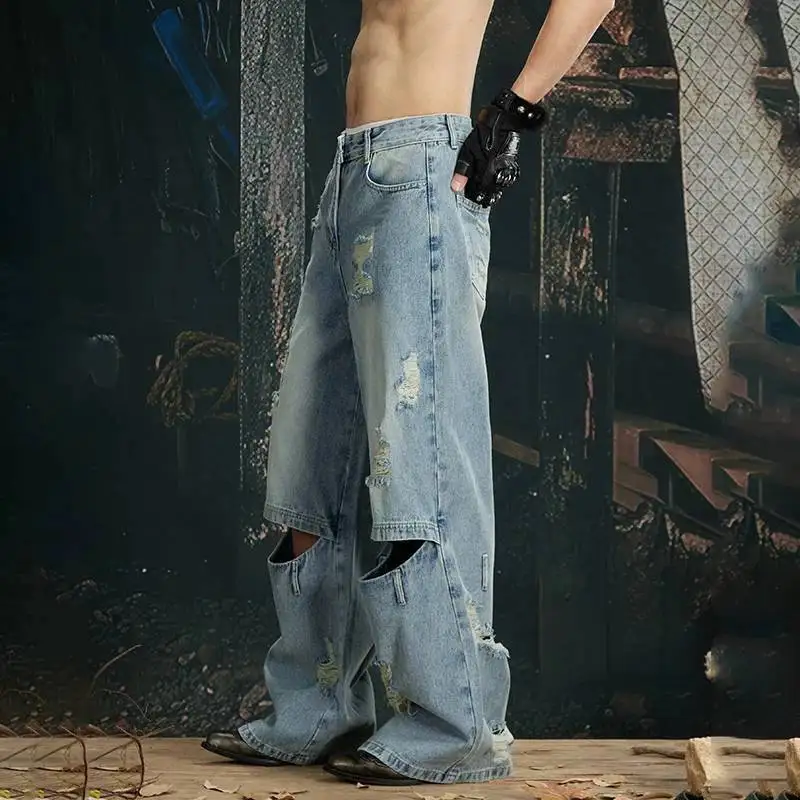 LUZHEN Out 2026 Straight New Original Hollow Wornout Patched Patchwork Jeans Men's Trendy Streetwear Baggy Denim Pants JY8021