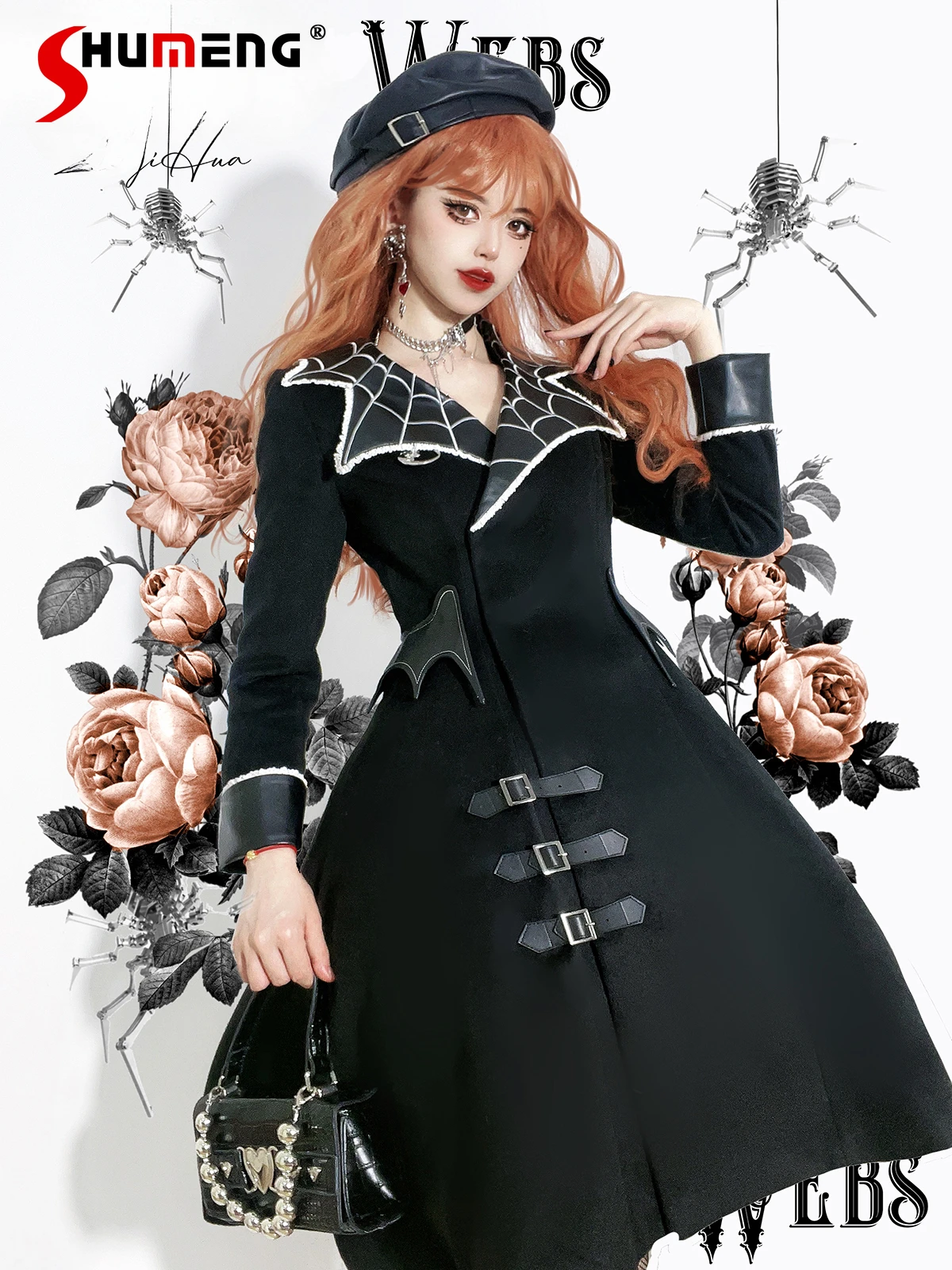 

Gothic Style Dark Wool Coat Women's Autumn and Winter Fashion Elegant Slim-Fit Black Long Coat Lady Vintage Lolita Overcoat