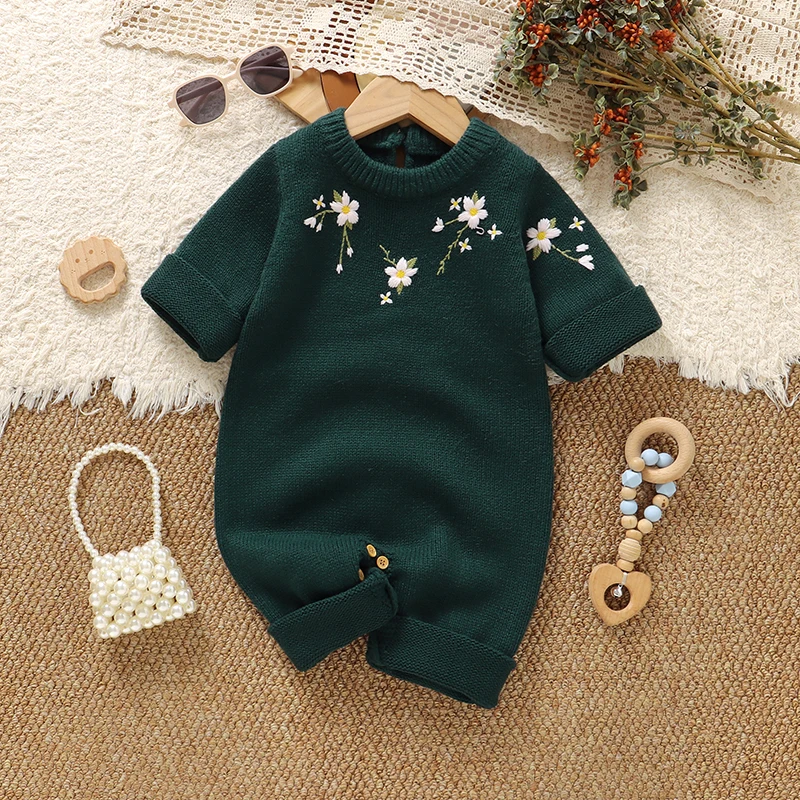 Fashion Floral Baby Girls Rompers Green Long Sleeve Knitted Newborn Infant Jumpsuits Outfits One Piece Toddler Playsuits Clothes