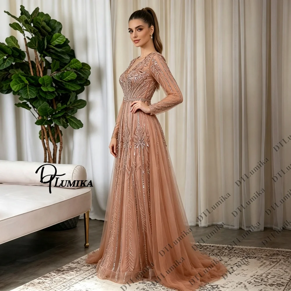 Custom Long Sleeve Illusion Neck Evening Gown with Floral Beading, Champagne Formal Prom Dress Party Cocktail Costume Dresses