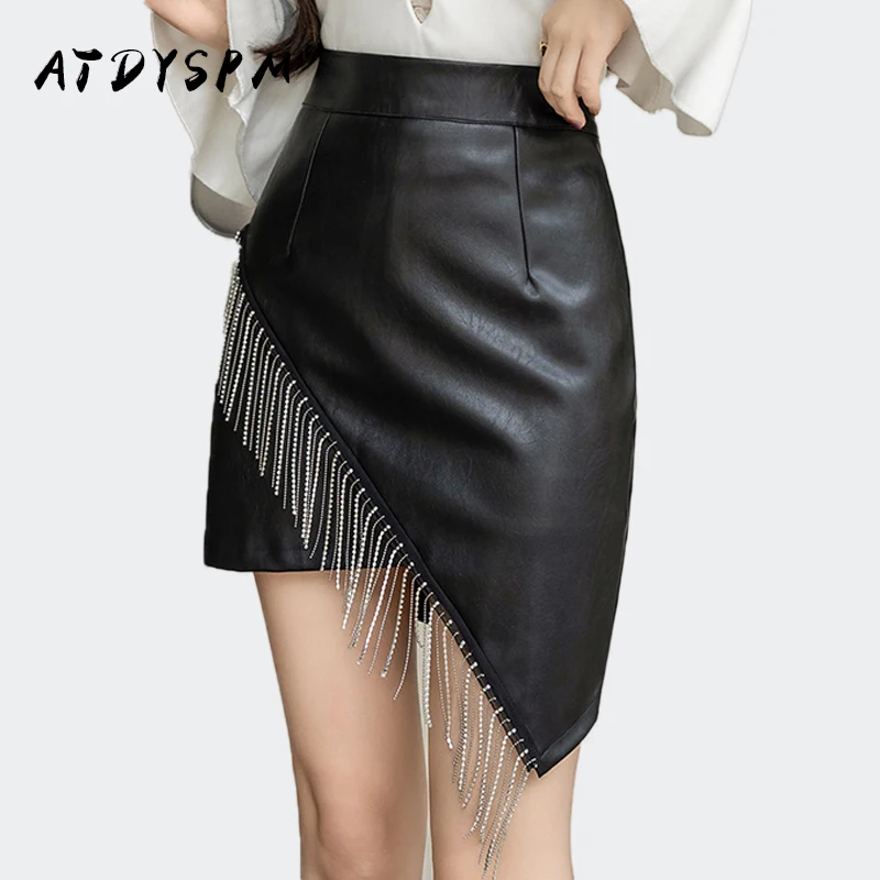 

Elegant Black PU Leather Skirts Women High Waist Tassel Irregular Wrap Hip Skirts Vintage Women Streetwear Bodycon Midi Skirt