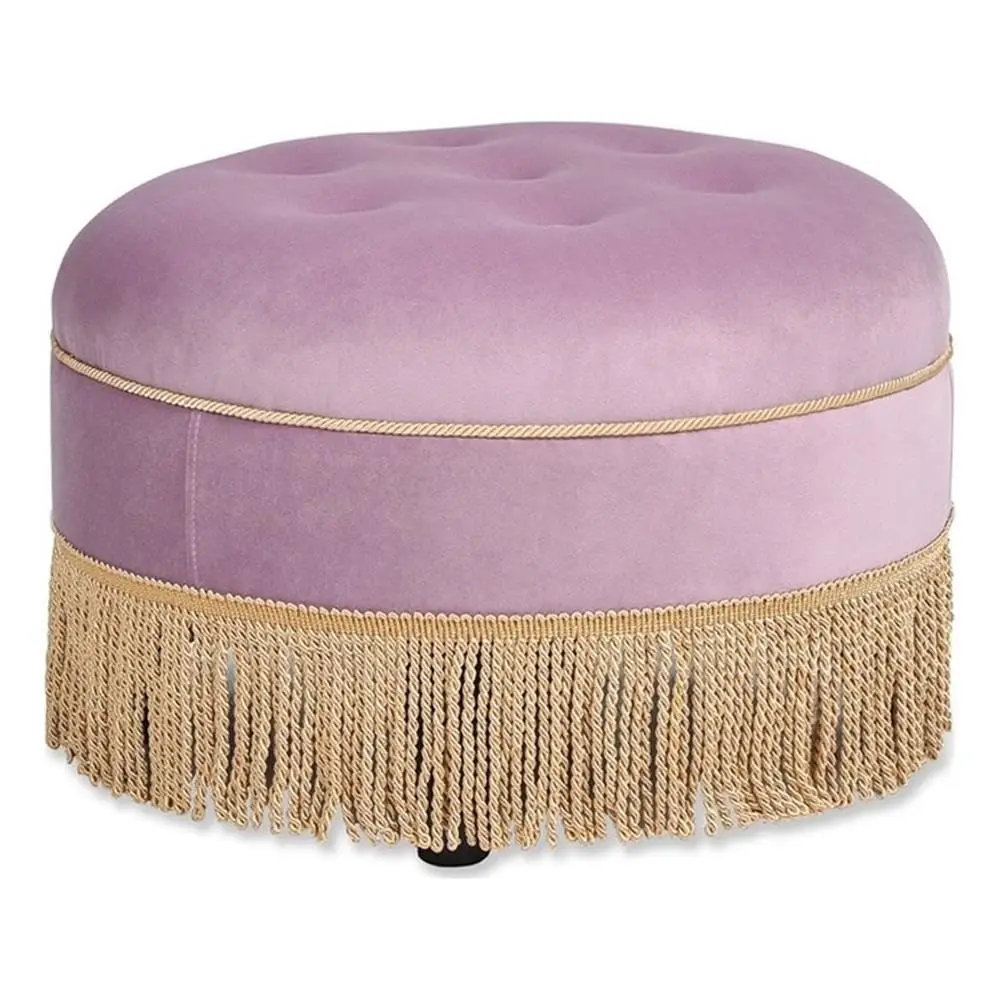 Round Upholstered Ottoman, Velvet Lavender, Hardwood Frame, Buttoned Seat with Tassel Fringe, Footrest & Seating, Customized