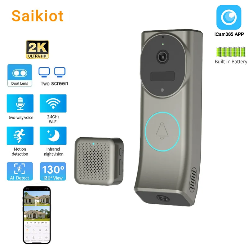 Saikiot iCam365 2K 4MP Dual Lens Video Doorbell Camera Wireless Intercom Door Phone WIFI Dual Lens Two Way Audio Video Doorbell