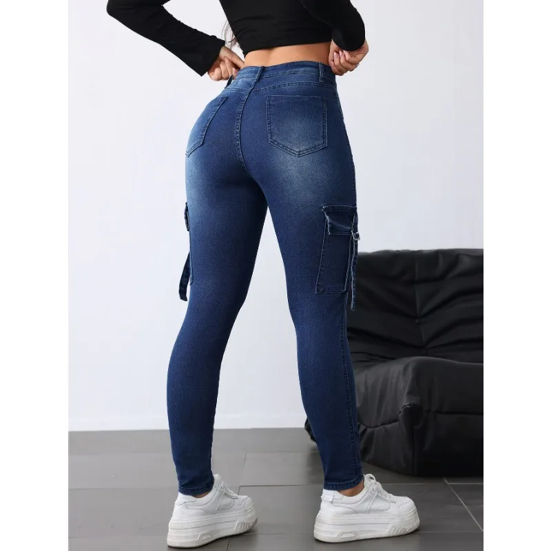 Celana Baggy Slim Wanita Celana Pendek Biru Ketat Wanita Pakaian Kerja Gaya Kasual Eropa dan Amerika Celana Jeans Elastis untuk Wanita